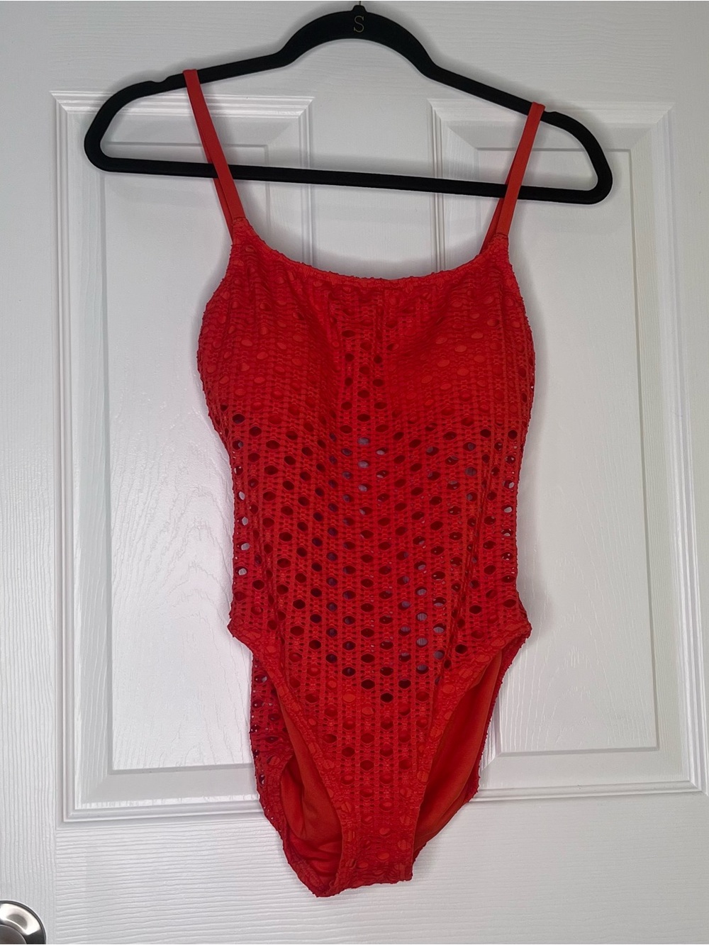 Carmen Marc Valvo One Piece Swimsuit Laser Cut Crochet Coral Orange Size 8
